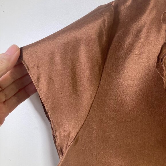 Womens Talbots Slub Silk Ruffle V Neck Blouse Back Button Cap Sleeve 12 Brown - Picture 4 of 9